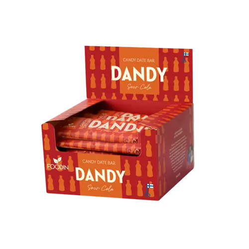 Foodin Dandy Candy Date Bar Sour Kola - Конфетный финиковый батончик Tart Kola 18 x 35 г Оптовая упаковка - Дата 03/2026