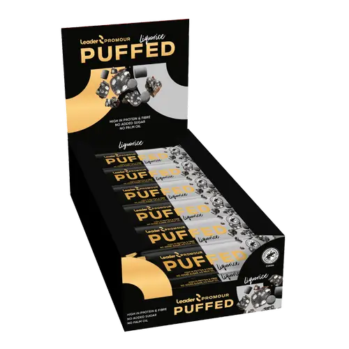 Leader Promour Puffed Liquorice - Протеиновый батончик со вкусом лакрицы 24 x 40 г Оптовая упаковка - Дата 25.10.2025